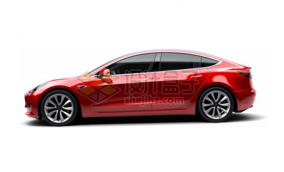 红色特斯拉Model 3电动汽车侧面图png图片素材