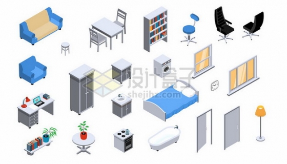 2.5D风格沙发餐桌餐椅办公桌柜子双人床门窗等家具551001png矢量图片素材