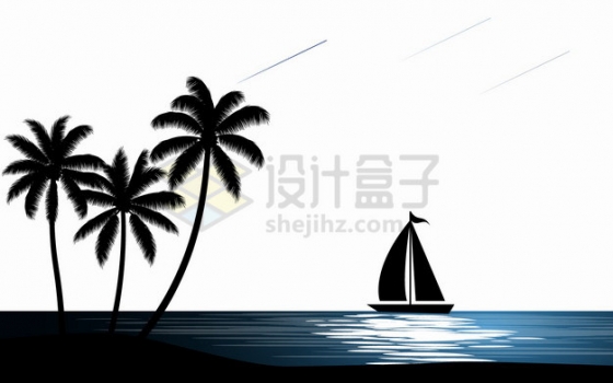 大海帆船椰子树风景剪影插画png图片素材