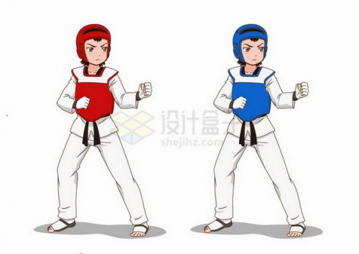 身穿红色和蓝色服装的卡通跆拳道女孩png图片免抠矢量素材