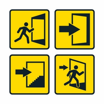 4款黄色紧急逃生出口标志指示牌png图片免抠矢量素材