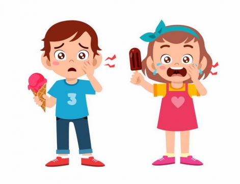 卡通小男孩小女孩吃冰淇淋冰棒等冷饮就牙疼png图片免抠矢量素材