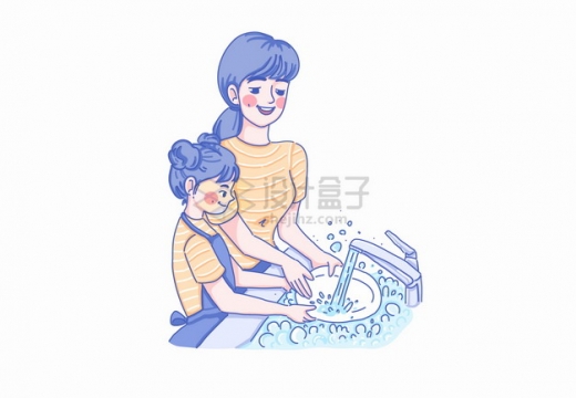女儿和妈妈一起洗碗做家务亲子关系手绘插画png图片素材