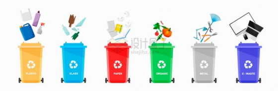 6种颜色的垃圾桶垃圾分类手抄报png图片素材