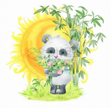 卡通熊猫抱着鲜花和竹子背后是太阳水彩画彩绘png图片免抠矢量素材