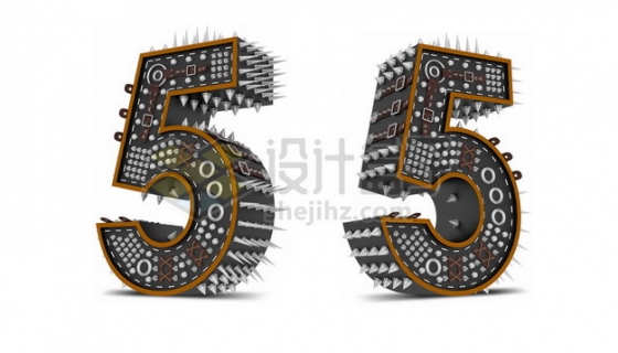 C4D风格尖刺黑色3D立体数字五5艺术字体510488psd/png图片素材