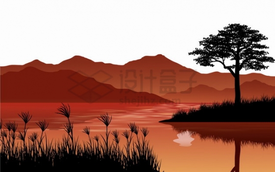 大树草地湖泊和远处的高山风景红色剪影插画png图片素材