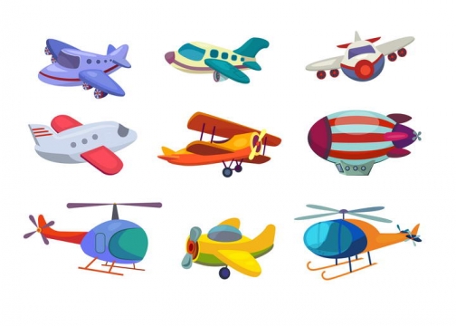 9款手绘卡通风格的飞机直升机图片免抠素材