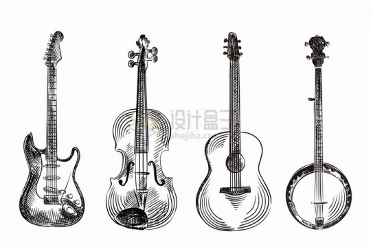 贝斯大提琴吉他弦乐器等手绘素描西洋乐器png图片免抠矢量素材
