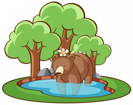 卡通池塘里的棕熊和大树儿童画图片免抠矢量素材