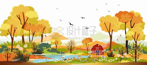 秋天黄色的树木和草地小溪等风景插画png图片素材