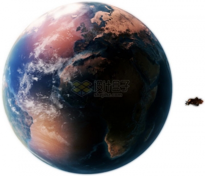 科幻风格的高清紫色地球和轨道上的飞船png图片免抠素材