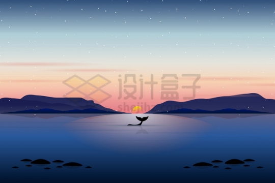 远处的大山和海峡近处平静的大海和鲸鱼风景插画png图片素材