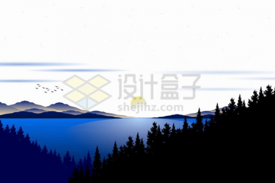 远处的落日或日出高山湖泊和森林深蓝色剪影插画png图片素材