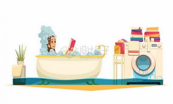 卡通美女正在洗澡下水道却堵塞了png图片免抠矢量素材