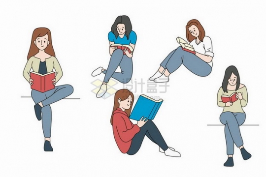 5款坐在地上看书读书的年轻女孩png图片免抠矢量素材