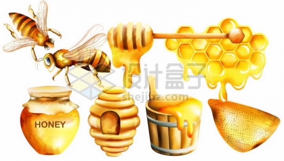 金黄色的蜜蜂和蜂蜜巢蜜png图片免抠矢量素材