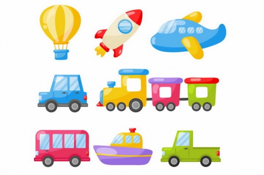 卡通热气球小火箭飞机汽车小火车公共汽车轮船和卡车png图片免抠eps矢量素材