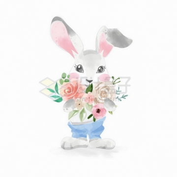 拿着各种鲜花的卡通小兔子png图片免抠矢量素材