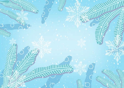 绿色树叶白色雪花图案蓝色冬天淡蓝色背景图片素材213360