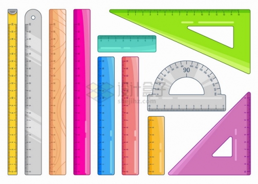 各种彩色直尺三角尺量角器等测量工具几何学习用品png图片素材