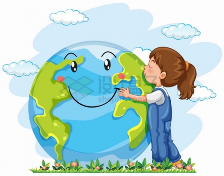 卡通女孩抱着地球亲吻png图片素材