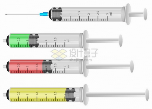 逼真的一次性注射器针筒内部有不同颜色的药水医疗用品png图片素材