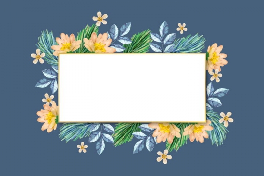 水彩画花朵和树叶装饰的长方形金边边框文本框图片免抠矢量素材
