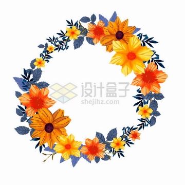 橙色鲜花和树叶组成的婚礼花环标题框装饰png图片免抠矢量素材