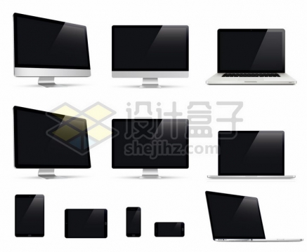 黑色屏幕的电脑显示器笔记本电脑平板电脑和智能手机苹果全家桶png图片免抠矢量素材