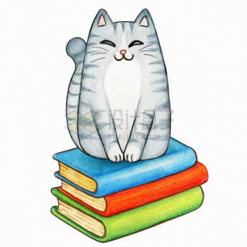 水彩画风格坐在书本上的狸花猫咪png图片免抠矢量素材