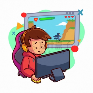 卡通男孩坐在电脑面前玩网络游戏手绘插画png图片素材
