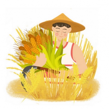 芒种卡通农民用镰刀收割麦子小麦插画png免抠图片素材