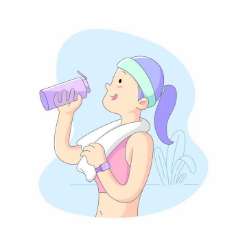 卡通漫画风格健身后喝水的美女png图片免抠素材