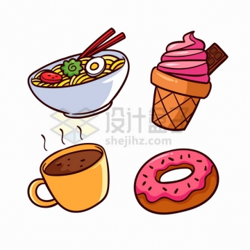 面条冰淇淋咖啡甜甜圈等美味美食卡通插画png图片素材