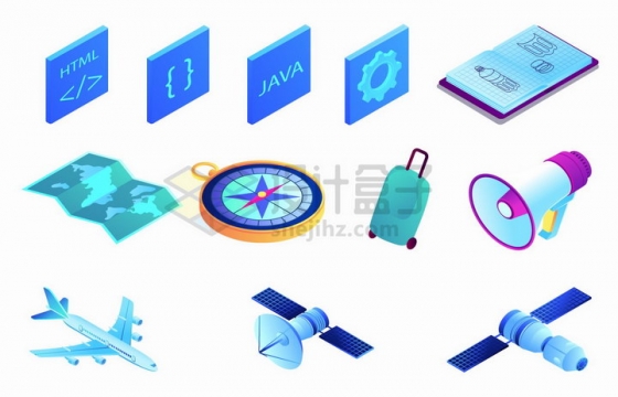 2.5D风格编程语言符号地图指南针行李箱喇叭飞机人造卫星等png图片免抠矢量素材