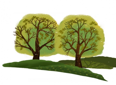 两棵大树和草地手绘插画319147png图片免抠素材