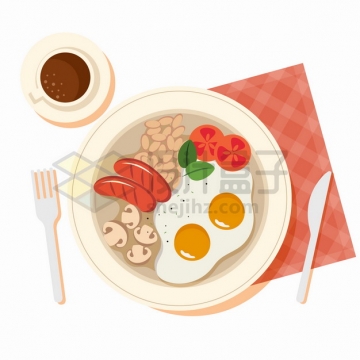 盘中的煎香肠煎蛋蘑菇西红柿等美味早餐美食png图片素材