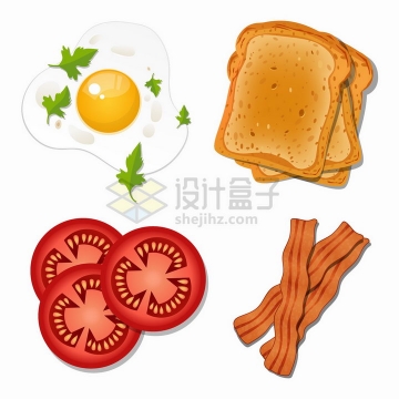 煎蛋荷包蛋面包西红柿培根等美味早餐美食png图片素材