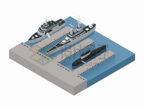 2.5D风格停靠在码头上军舰战列舰和潜水艇核潜艇png图片素材