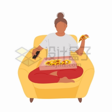 盘腿坐在沙发上吃披萨的单身女孩手绘扁平插画png图片免抠矢量素材