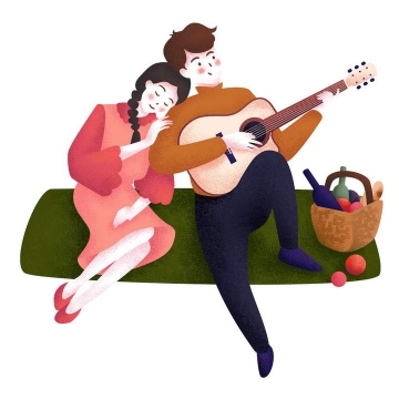 手绘插画风格春天郊游野炊偎依在一起弹吉他的情侣图片免抠素材