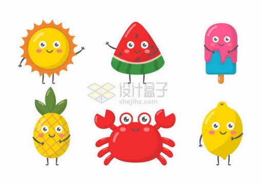 卡通太阳西瓜冰棒菠萝螃蟹和柠檬png图片免抠矢量素材