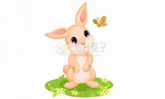 在草地上和蝴蝶嬉戏的卡通小兔子png图片免抠矢量素材