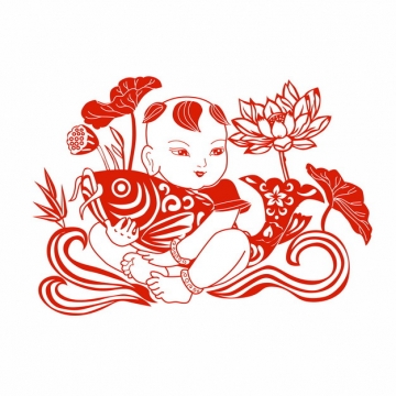 中国风新年宝宝抱着鲤鱼荷花荷叶红色剪纸487714png矢量图片素材