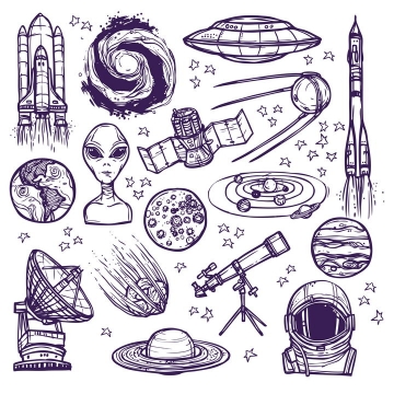 圆珠笔手绘风格各种天文航天素材航天飞机飞碟外星人等等免抠矢量图片素材