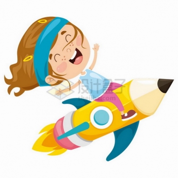 卡通小女孩坐在卡通小火箭上png图片免抠矢量素材