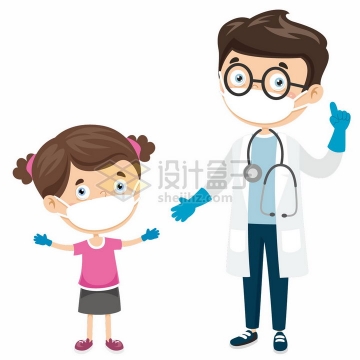 卡通医生教导小女孩戴上口罩和手套预防感冒病毒和新型冠状病毒png图片免抠矢量素材