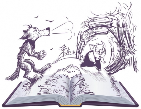 卡通动画插画简笔画风格翻开书本里三只小猪的故事图片免抠矢量素材