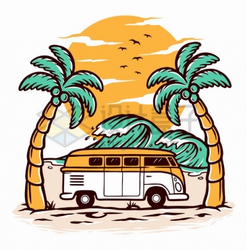 抽象落日大海椰子树和旅行车手绘插画png图片免抠矢量素材